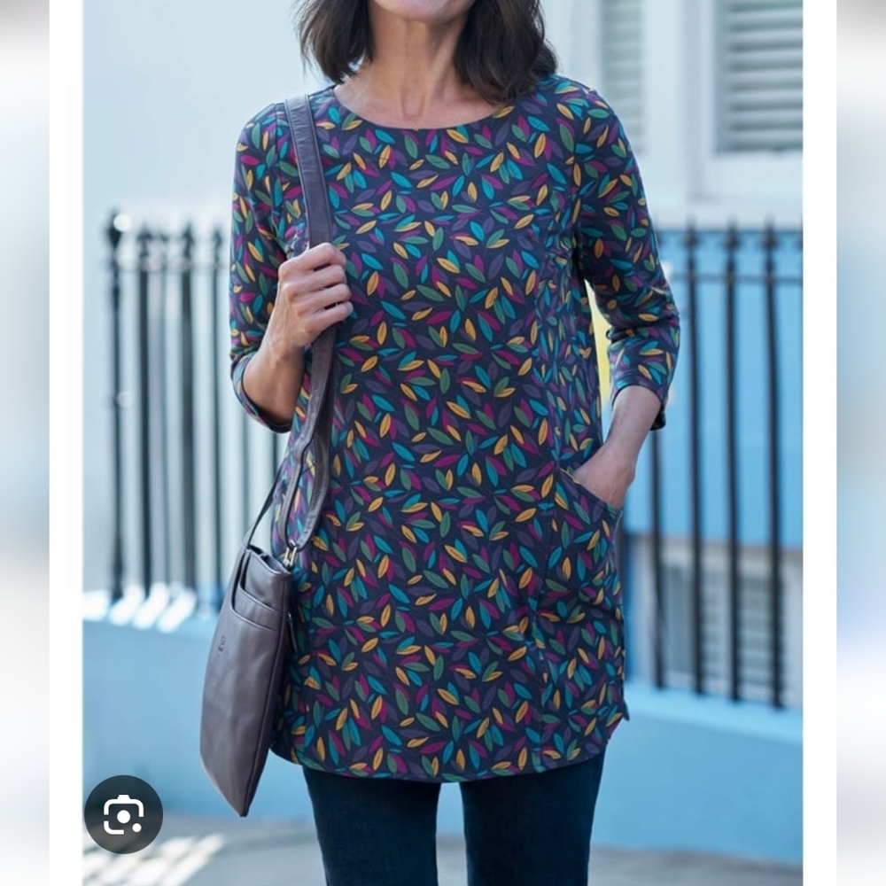 WoolOvers‎ Geo Leaf Multi-Colored Purple Printed Tunic Curved Hem Organic Cotton